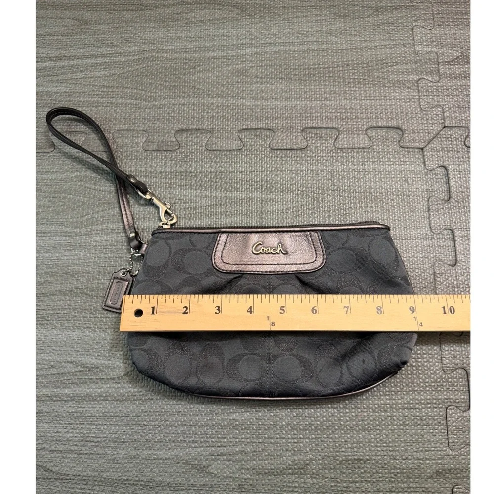 Coach Signature Wristlet Black Pewter Metallic Leather Trim Purple Lining